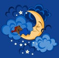 Cute baby pattern with cartoon bear, moon and sky.